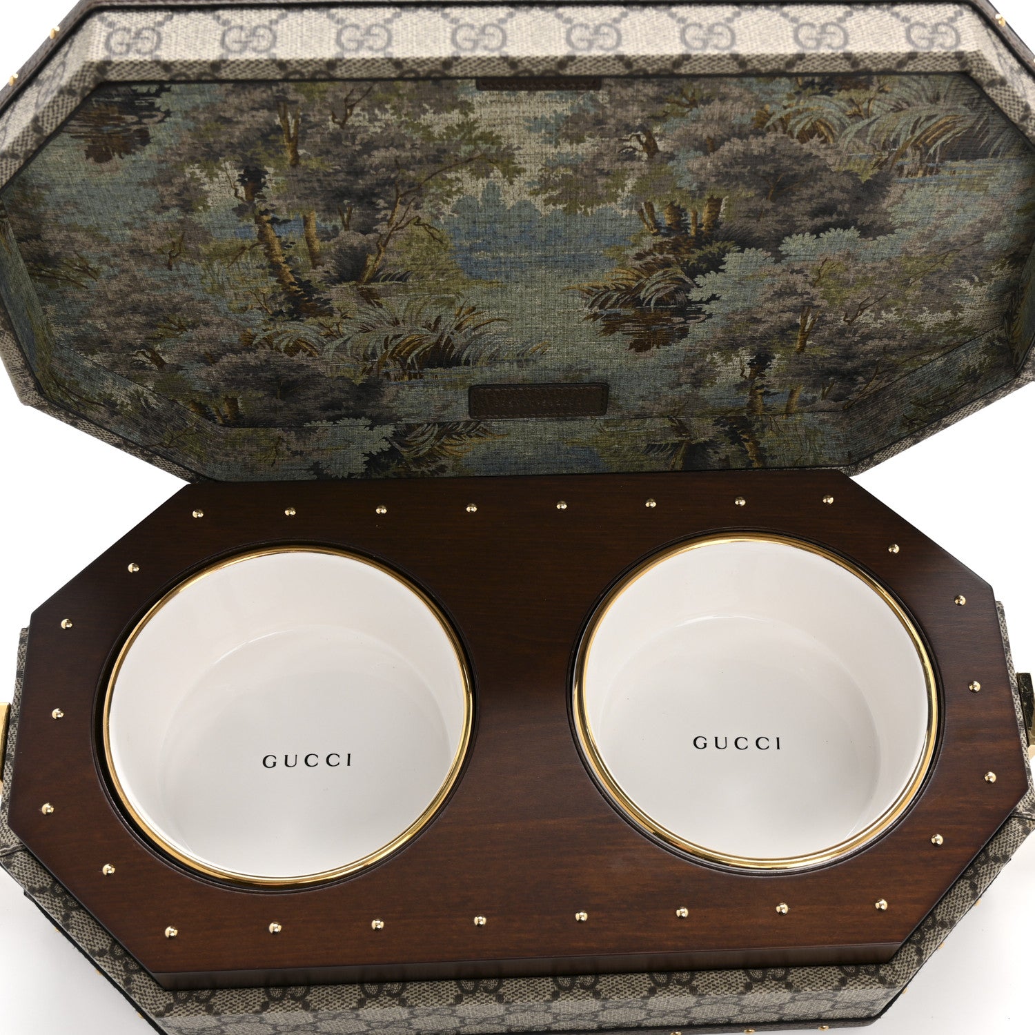 Gucci GG Supreme Monogram Textured Dollar Calfskin Studded Padlock Octogon Top Handle Pet Travel Bowl Set Case Beige Ebony New Acero 4 of 12