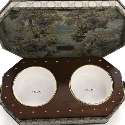 Gucci GG Supreme Monogram Textured Dollar Calfskin Studded Padlock Octogon Top Handle Pet Travel Bowl Set Case Beige Ebony New Acero 4 of 12