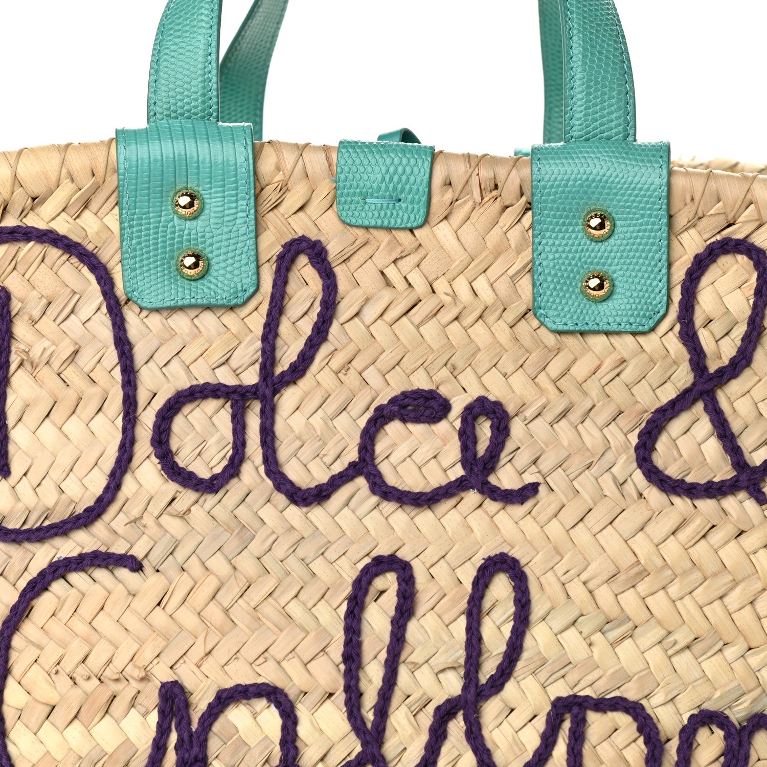 Dolce & Gabbana Woven Raffia Calfskin Lizard Embossed Crystal Embellished Kendra Logo Tote Blue Multicolor 7 of 9