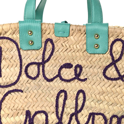 Dolce & Gabbana Woven Raffia Calfskin Lizard Embossed Crystal Embellished Kendra Logo Tote Blue Multicolor 7 of 9