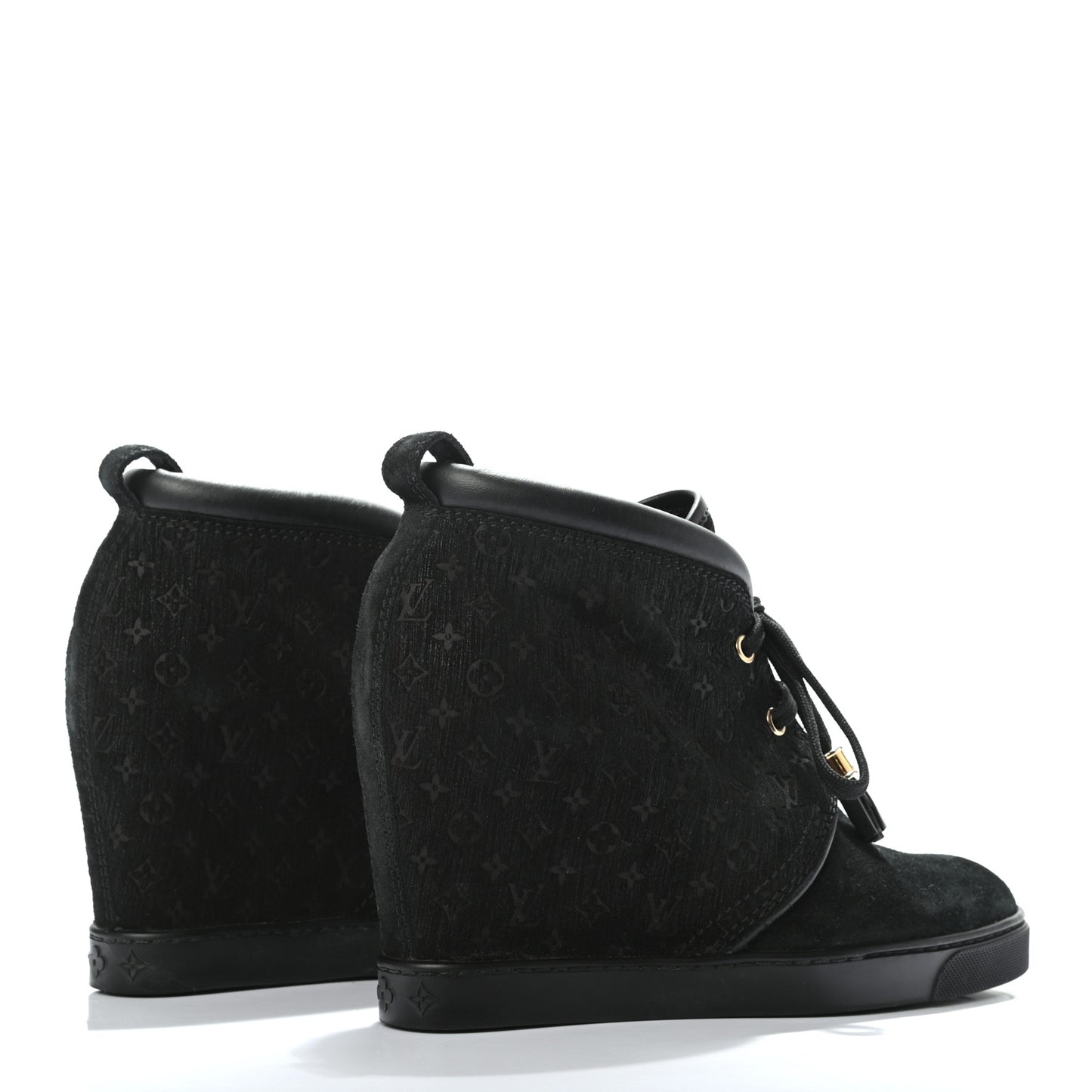 Monogram Suede Wedge Ankle Boots 37 Black