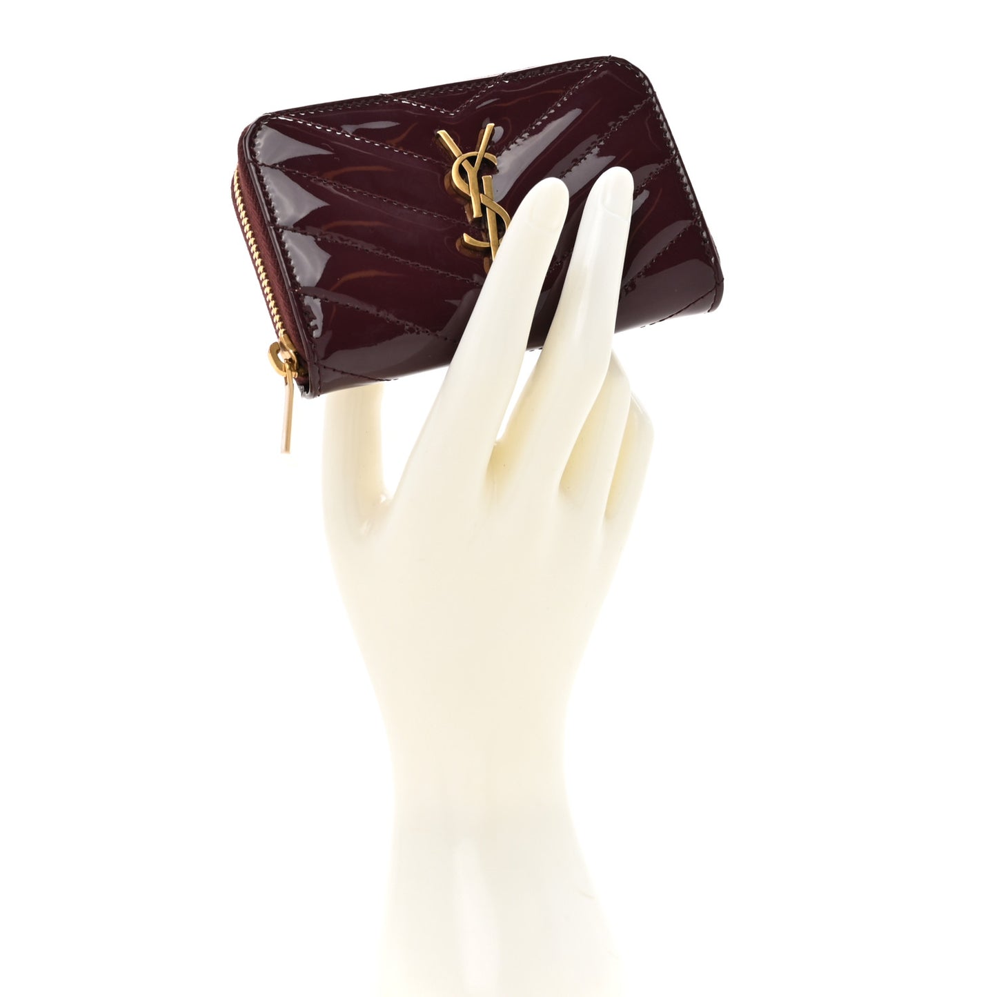 Patent Matelasse Chevron Monogram Cassandre Compact Zip Around Card Wallet Dark Red Wine