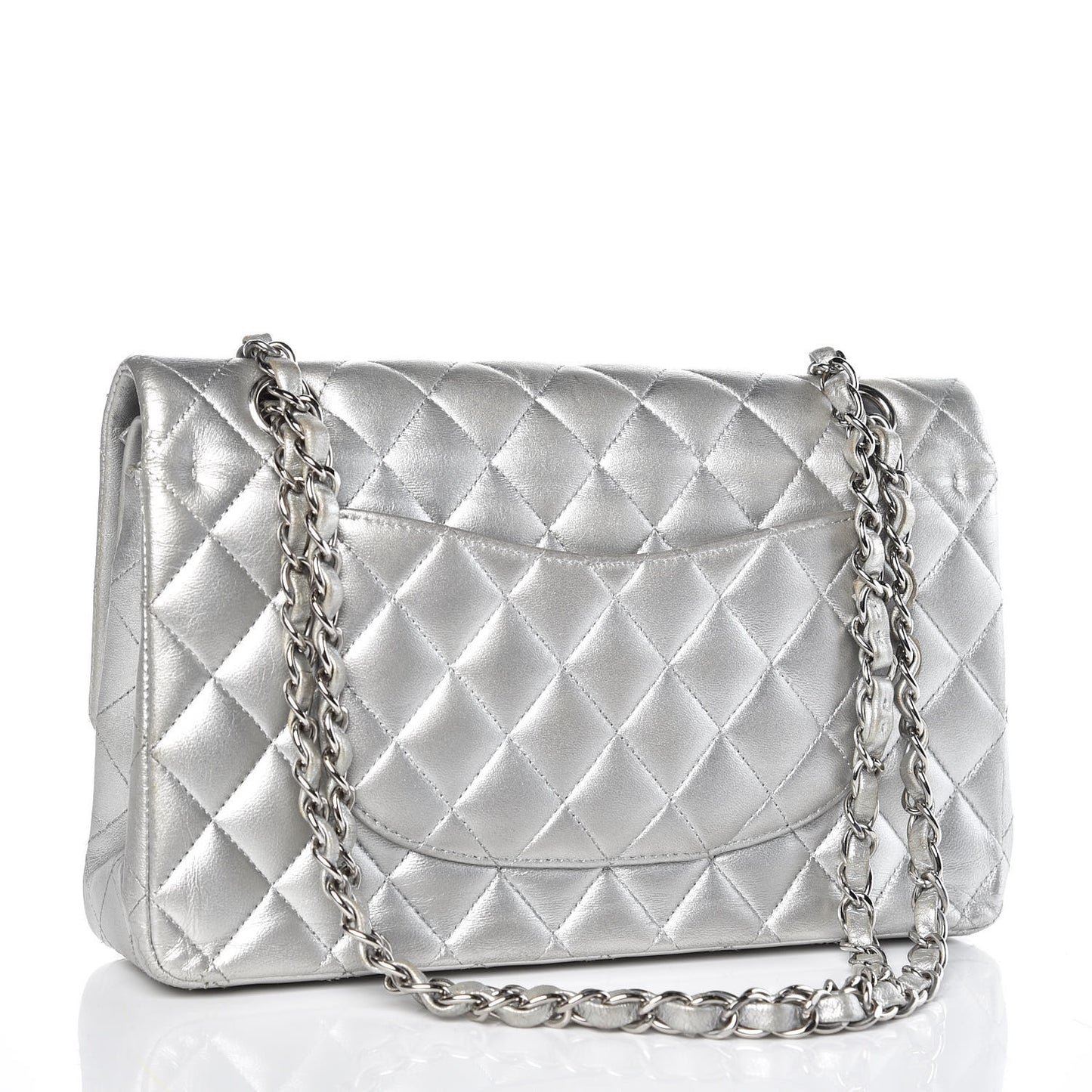 Metallic Lambskin Quilted Medium Double Flap Silver