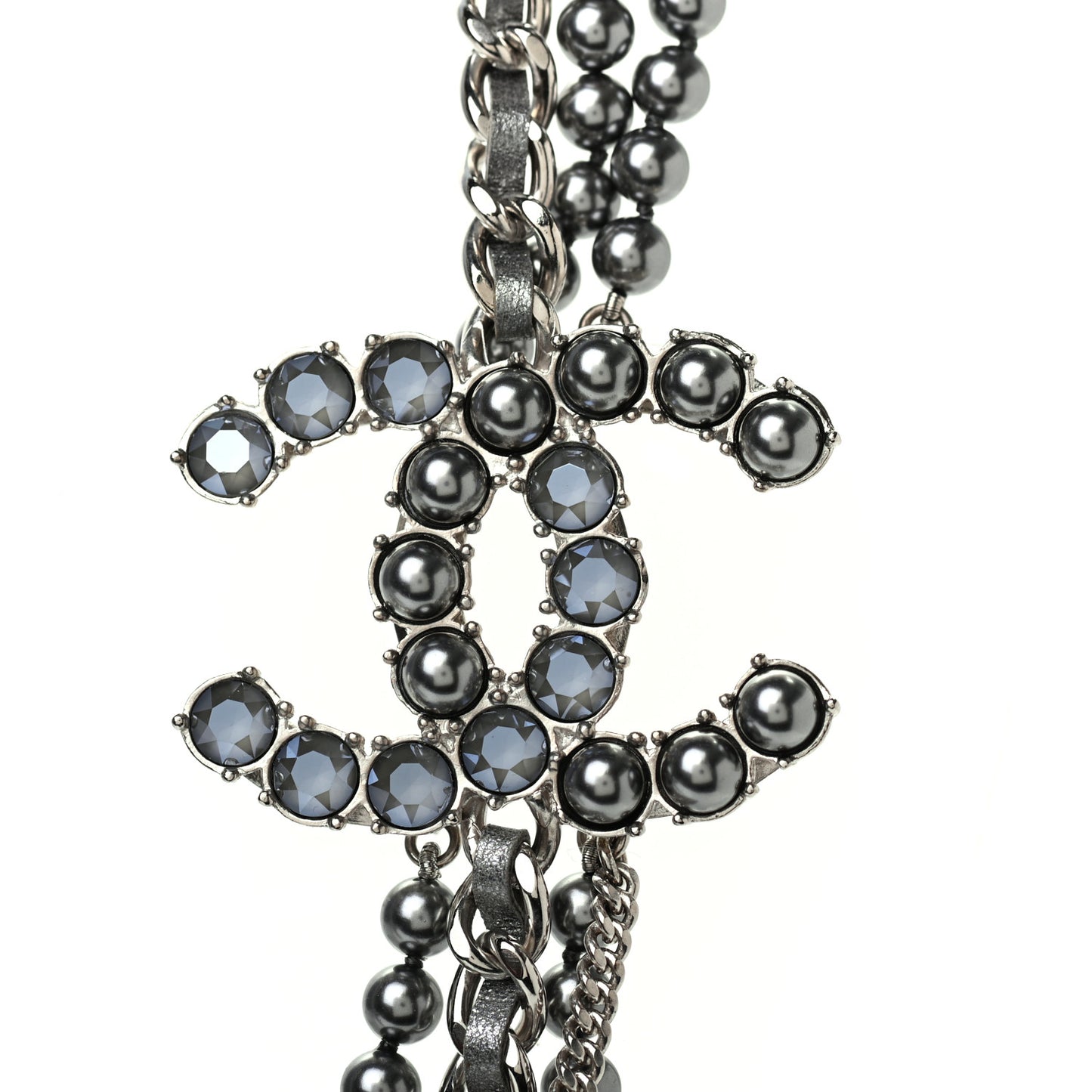 Crystal Pearl Lambskin CC Multi Strand Necklace Grey Silver