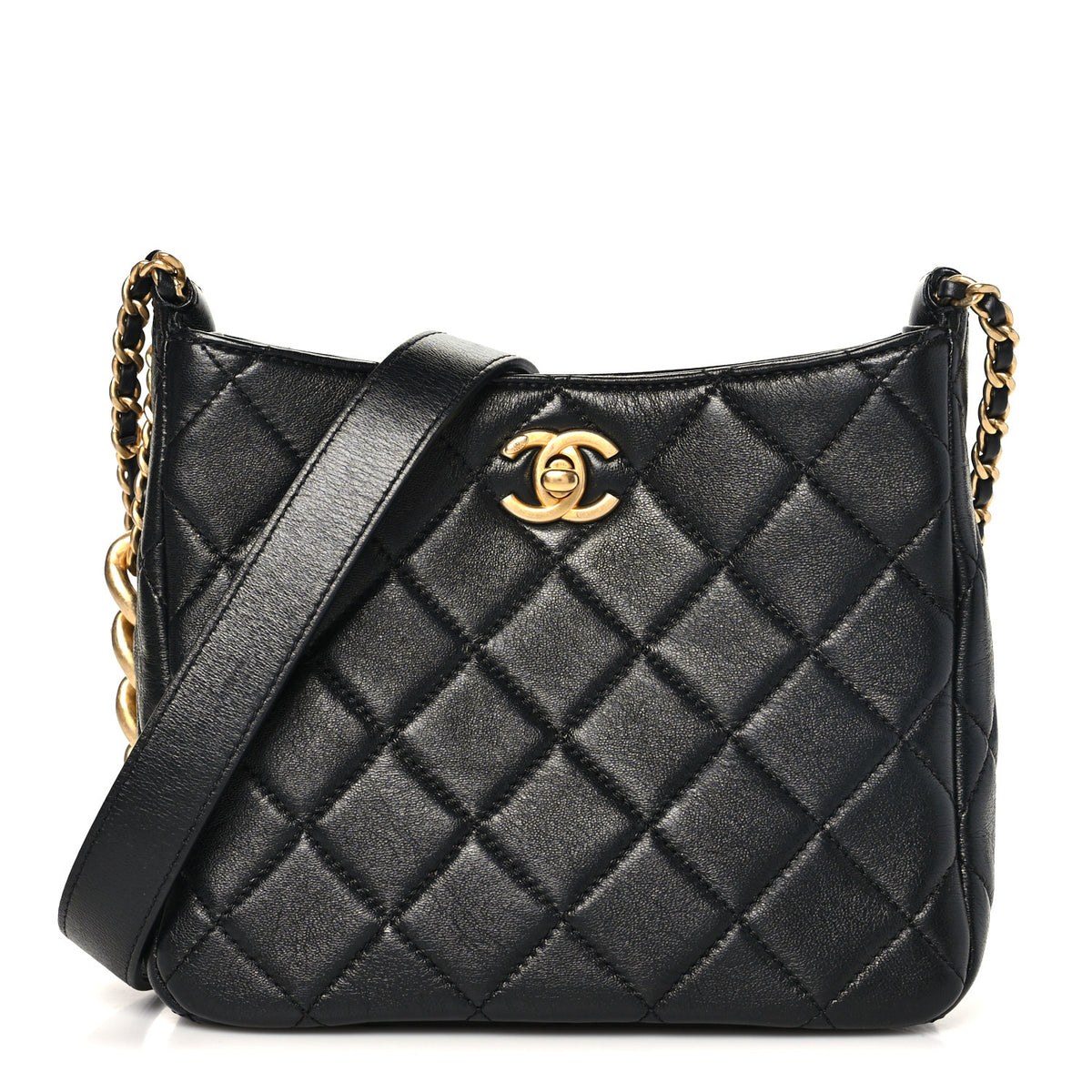 Shiny Lambskin Quilted CC Hobo Black