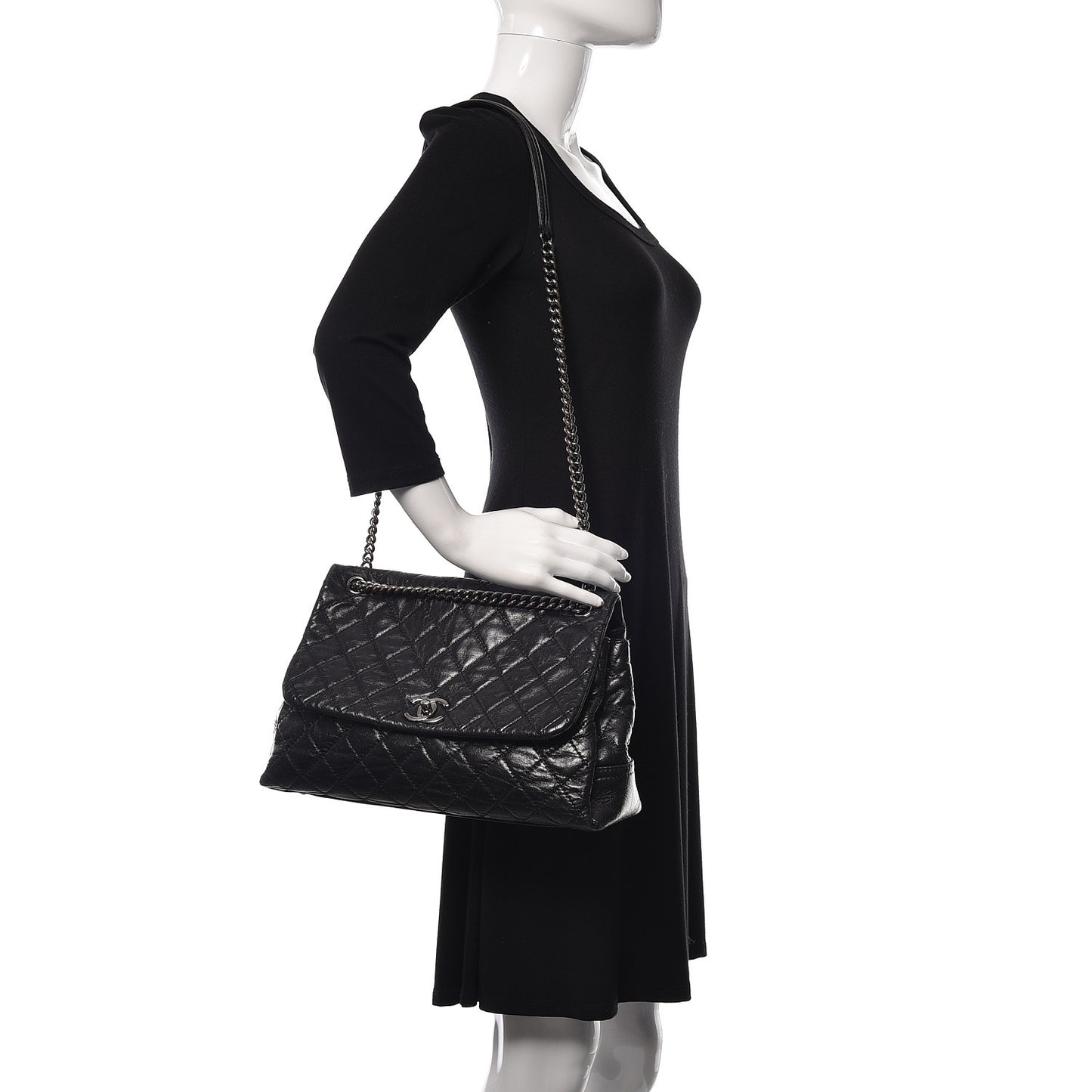 Glazed Calfskin Quilted Large Lady Pearly Flap Black