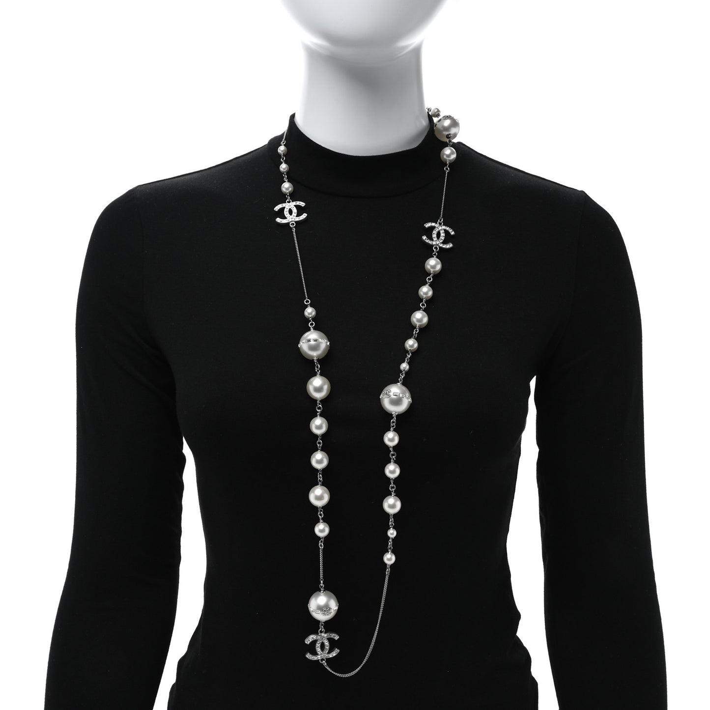 Baguette Crystal Pearl CC Long Necklace Silver