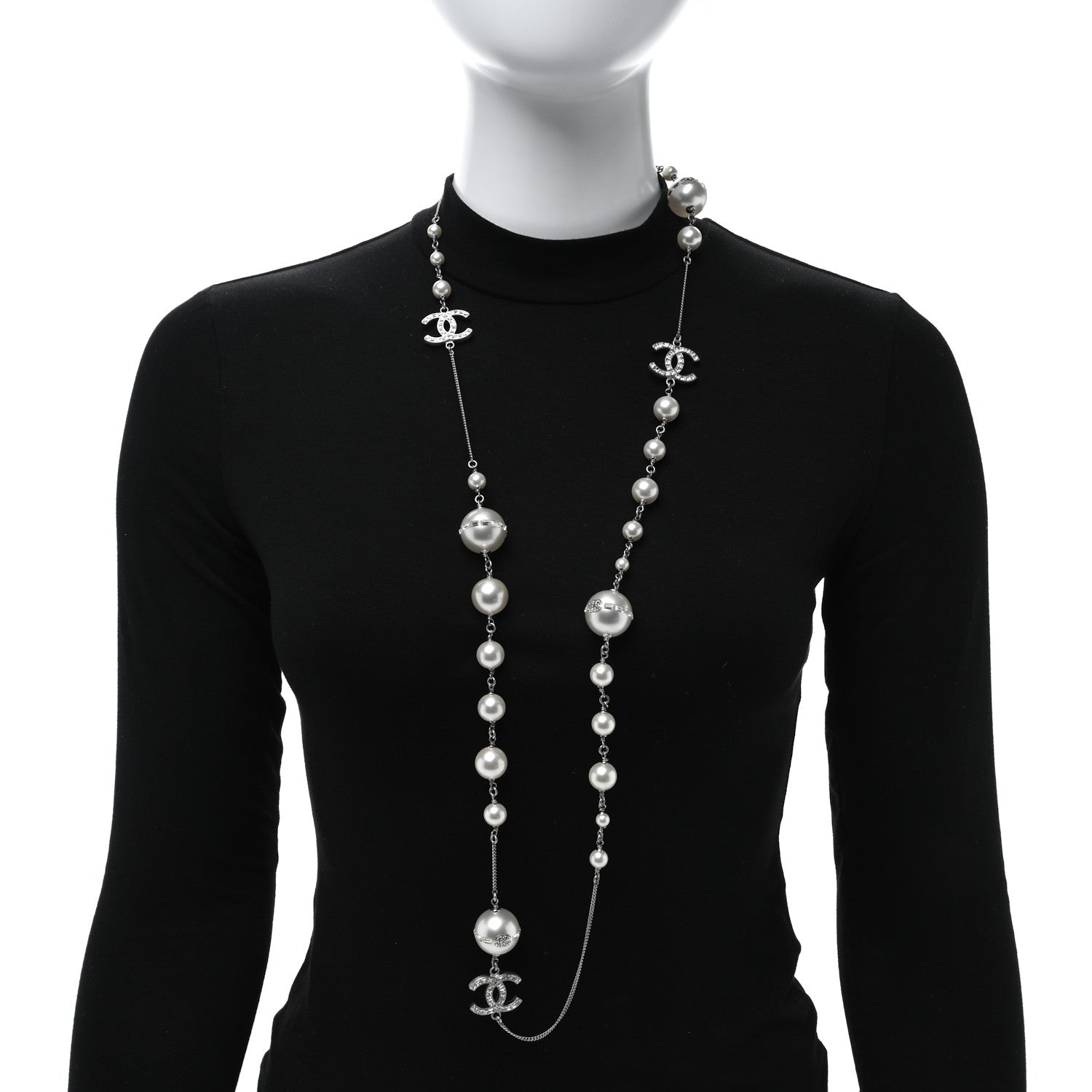 Chanel Baguette Crystal Pearl CC Long Necklace Silver 2 of 8