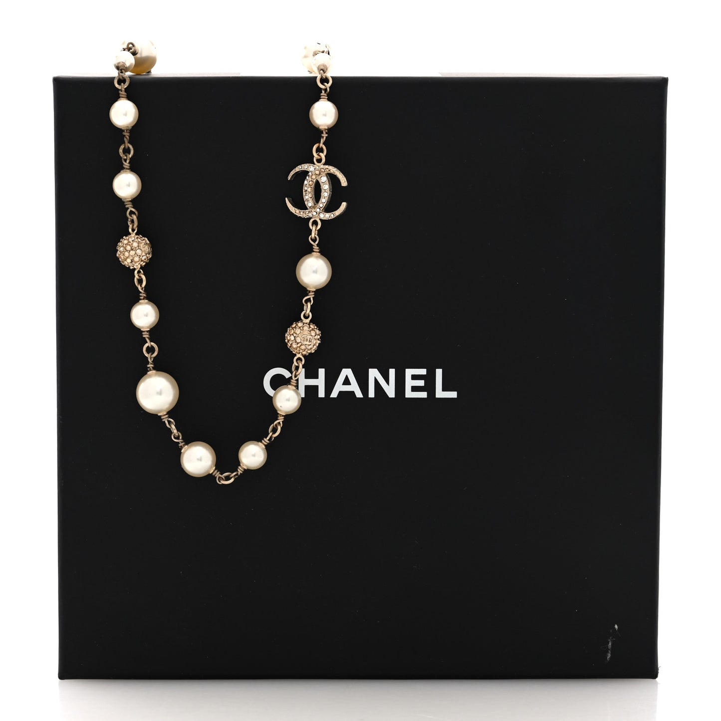 Pearl Crystal CC Moon Necklace Gold White