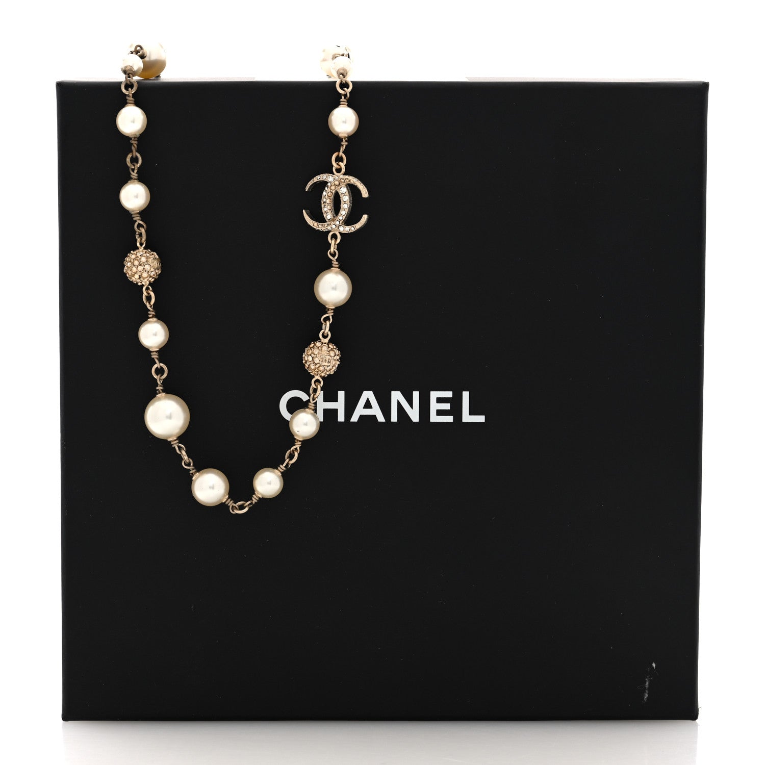 Chanel Pearl Crystal CC Moon Necklace Gold White 6 of 6