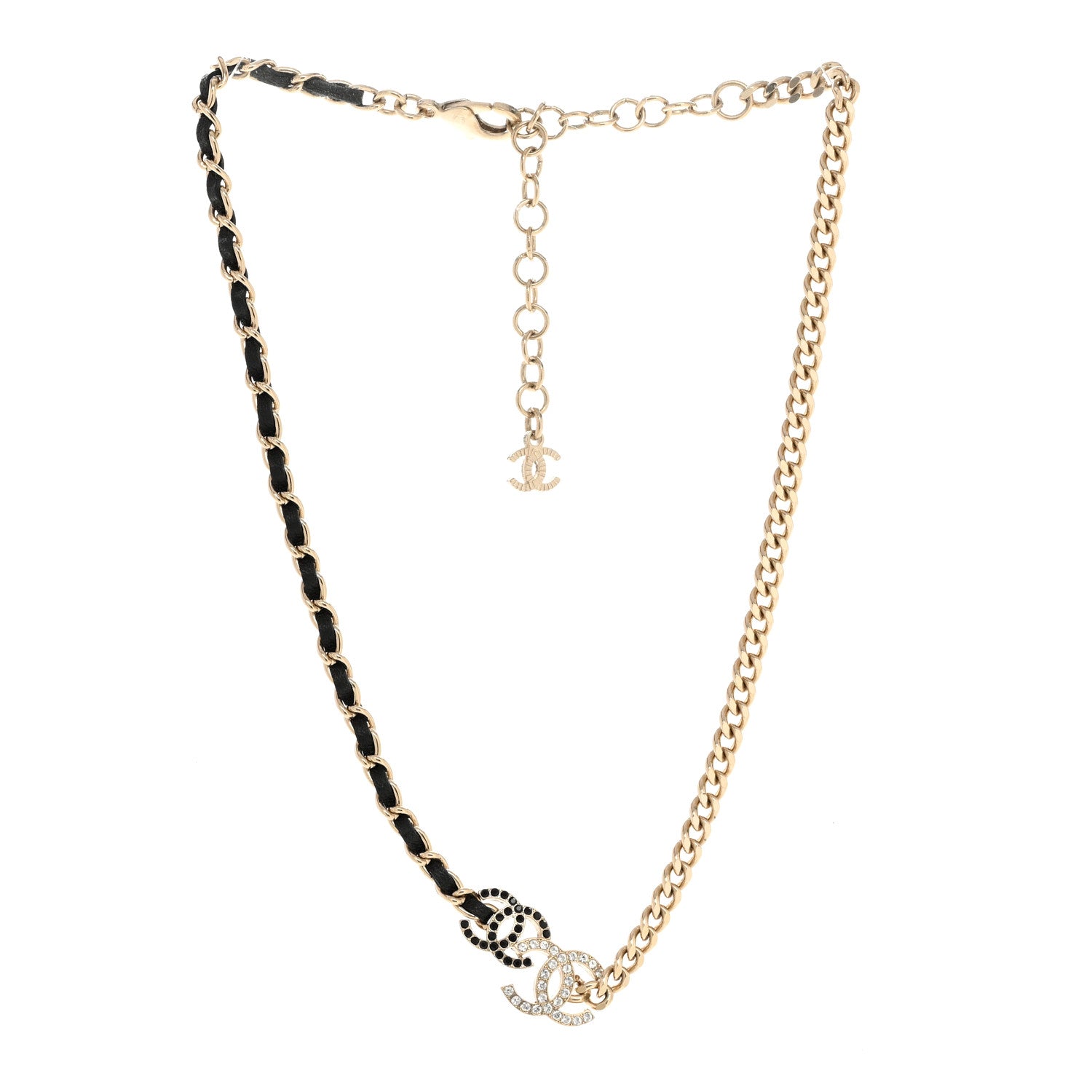 Chanel Metal Calfskin Crystal Double CC Short Necklace Black Gold 3 of 5