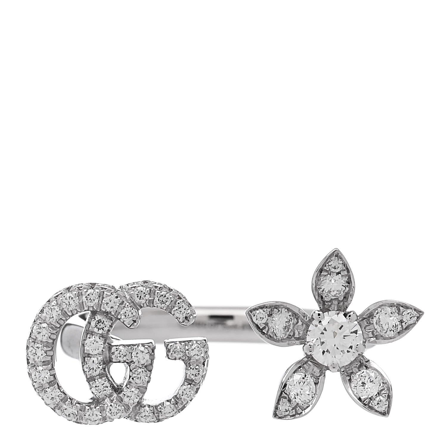 Gucci 18K White Gold Diamond Flora GG Open Ring 51 5.75 1 of 6
