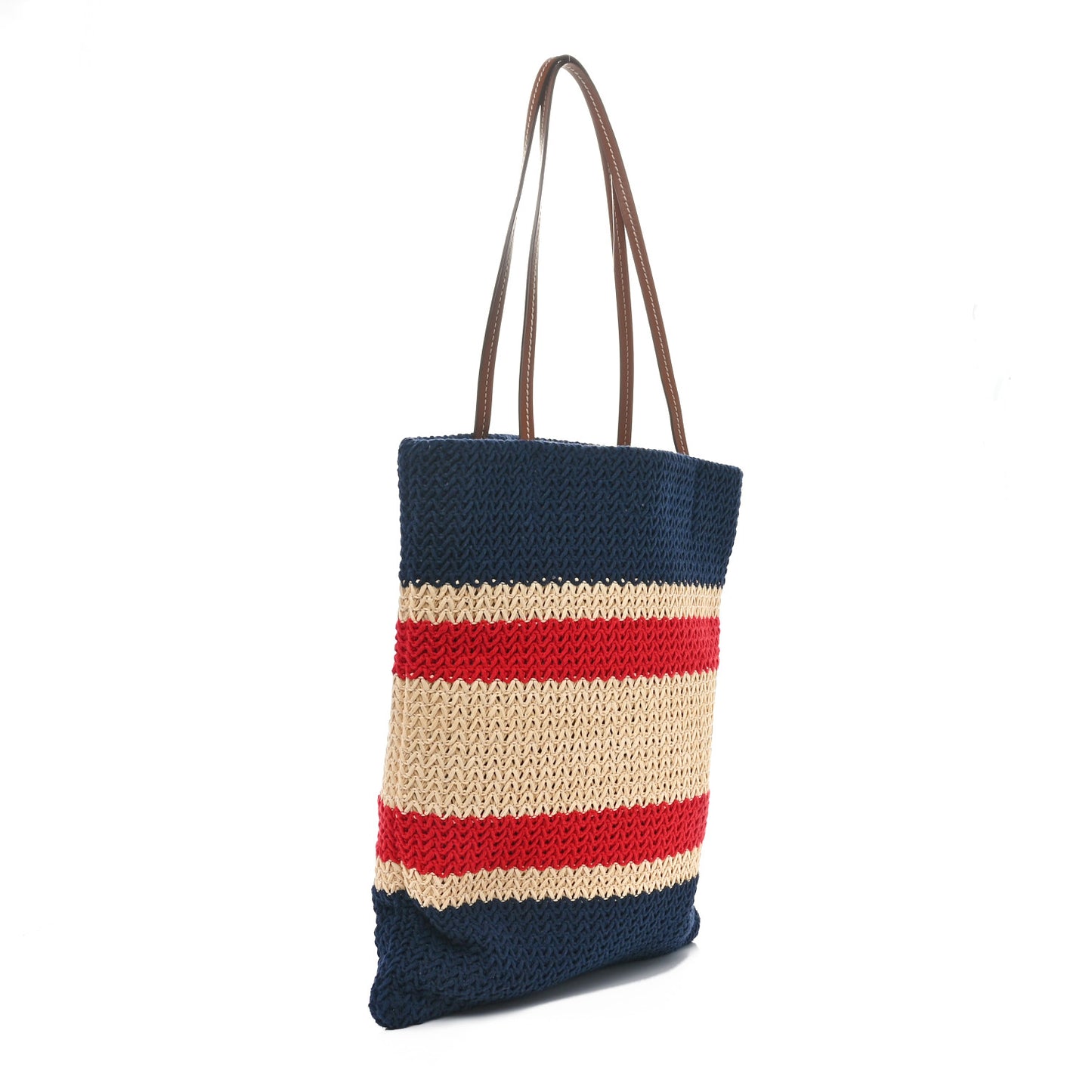 Raffia Crochet Stripe Vertical Tote Bag Natural Blue
