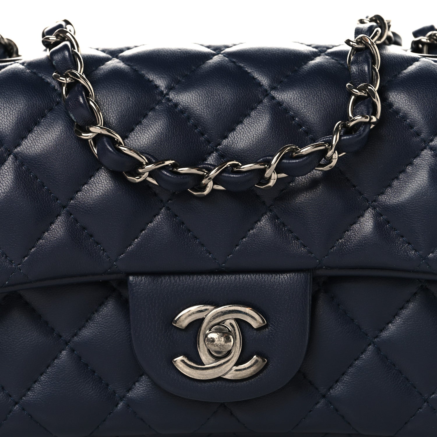 Chanel Lambskin Quilted Mini Rectangular Flap Dark Navy Blue