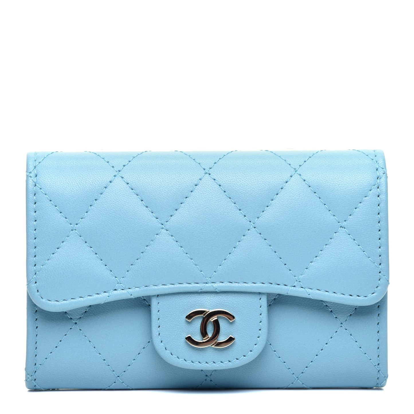 Lambskin Quilted Flap Card Holder Light Blue
