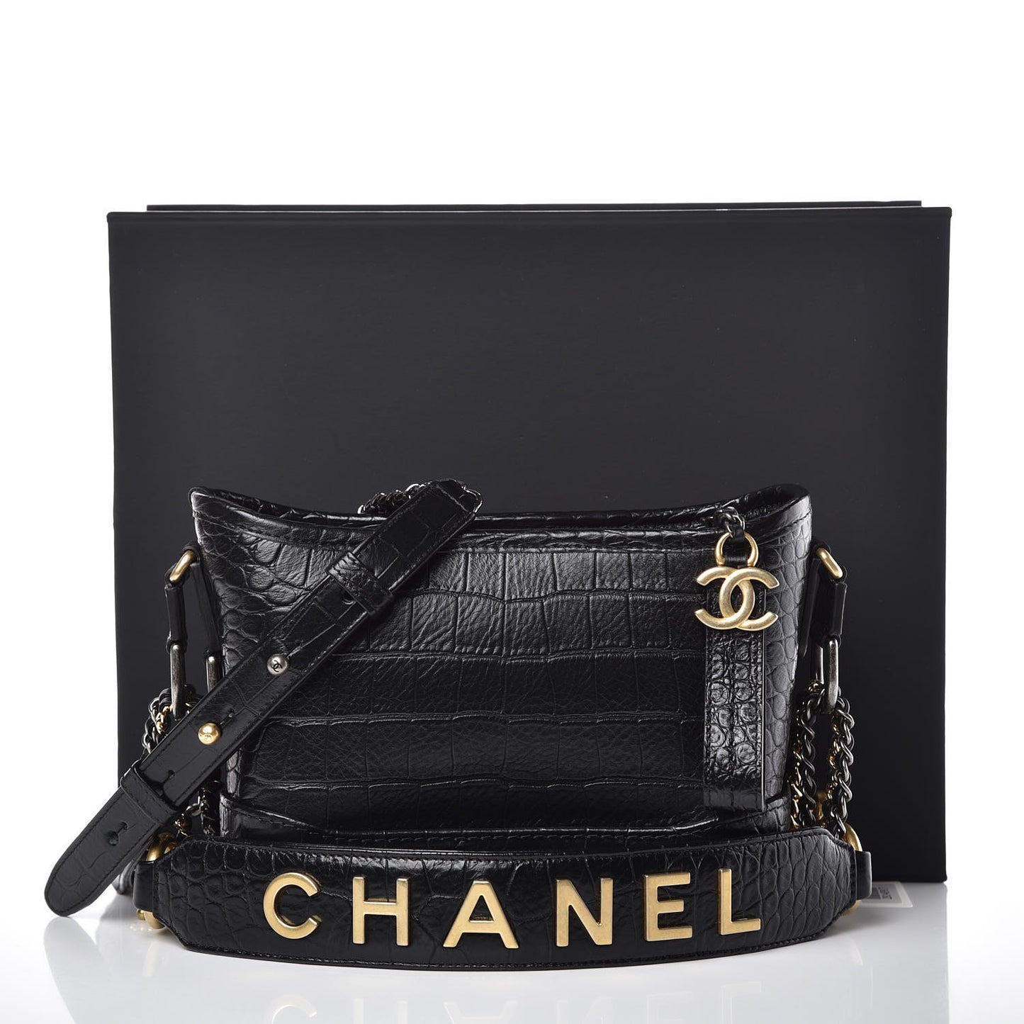 Calfskin Crocodile Embossed Small Gabrielle Cocodile Hobo Black