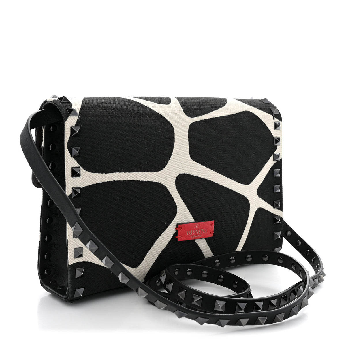 Valentino Garavani Calfskin Canvas Giraffe Print Medium Rockstud Flip Lock Crossbody Bag Black White 3 of 11
