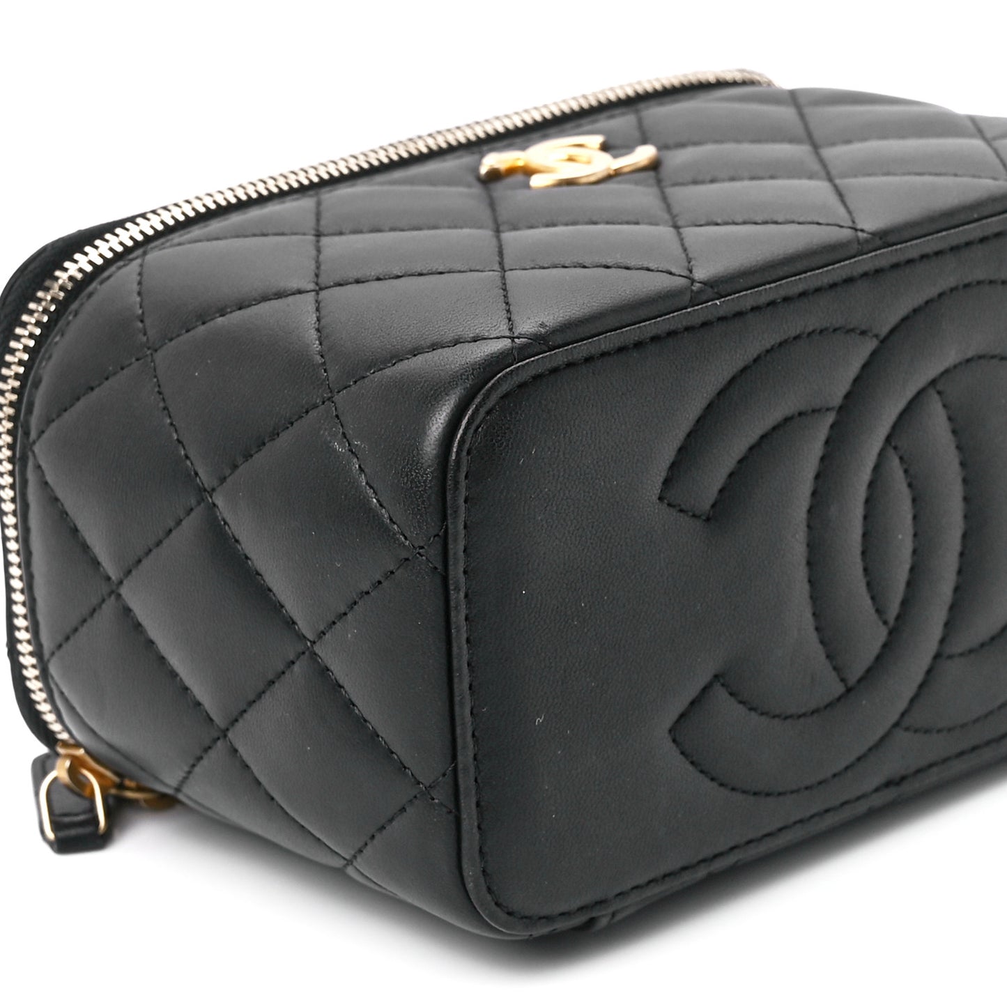 Lambskin Quilted Sweet Camellia Small Vanity Case With Chain Black