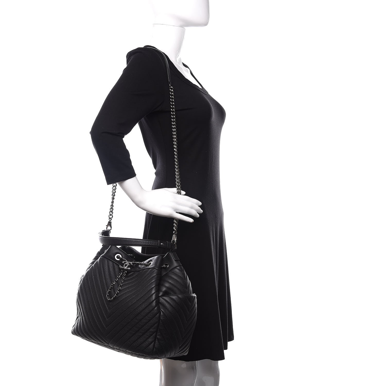 Chanel Deerskin Chevron Large CC Chain Bucket Drawstring Bag Black 3 of 12