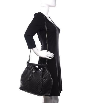Chanel Deerskin Chevron Large CC Chain Bucket Drawstring Bag Black 3 of 12
