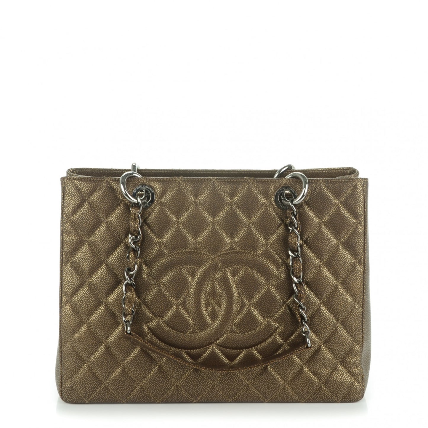 Metallic Caviar Quilted Grand Shopping Tote GST Khaki