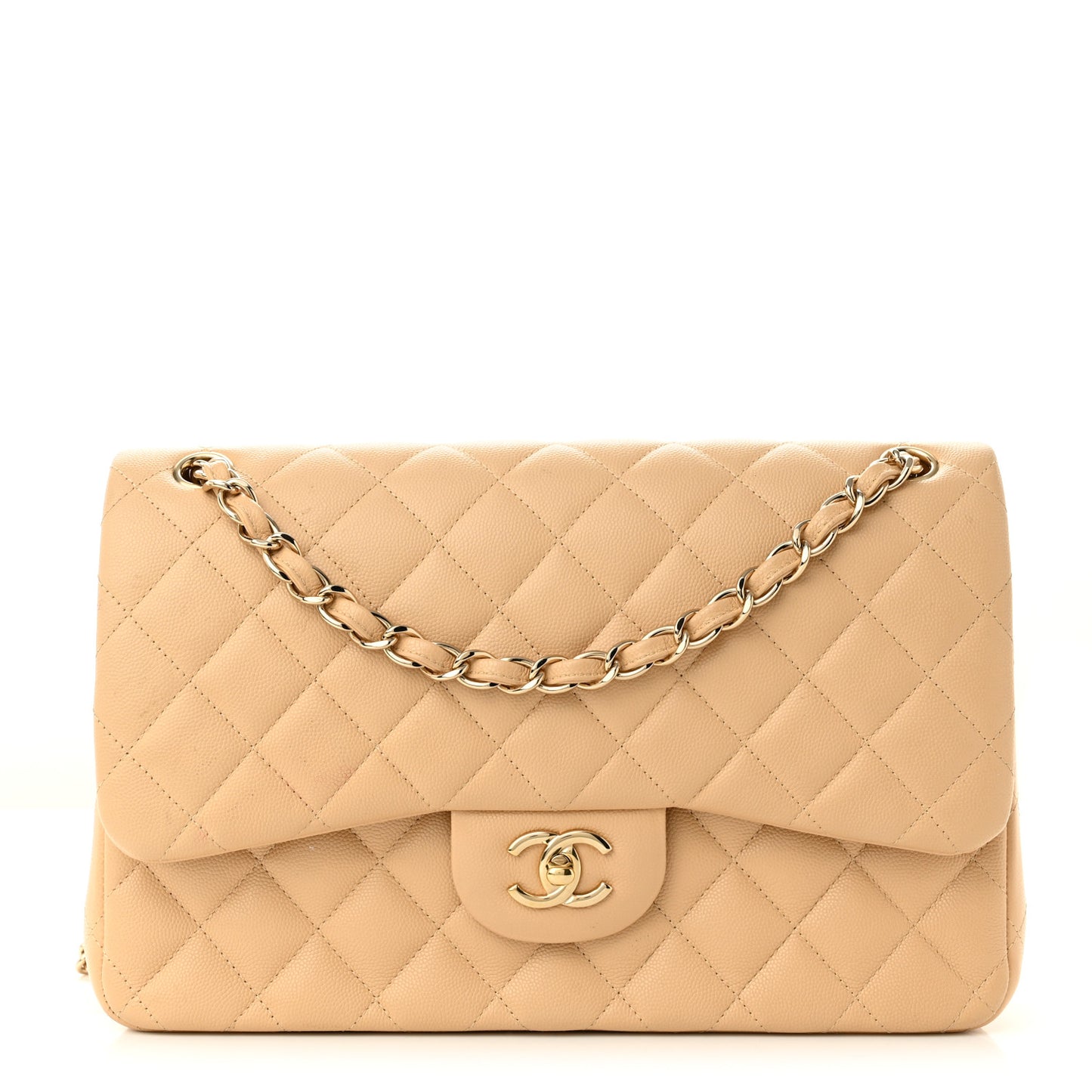 Caviar Quilted Jumbo Double Flap Light Beige