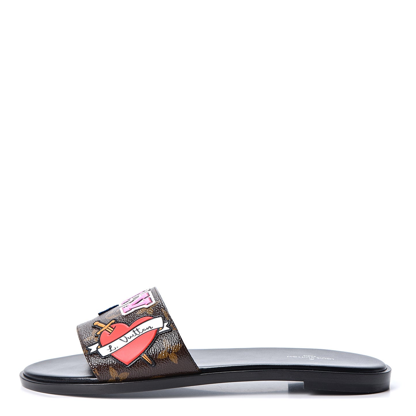 Patent Calfskin Monogram LV Black Heart Flat Mules 38 Cacao