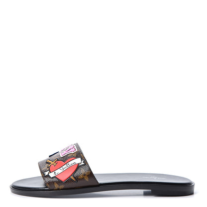 Louis Vuitton Patent Calfskin Monogram LV Black Heart Flat Mules 38 Cacao 1 of 10