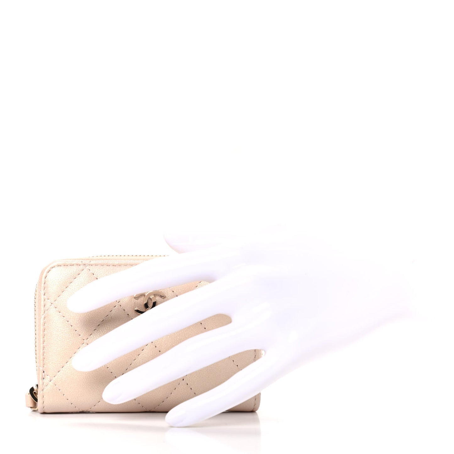 Iridescent Calfskin Quilted Zip Coin Purse Wallet Beige