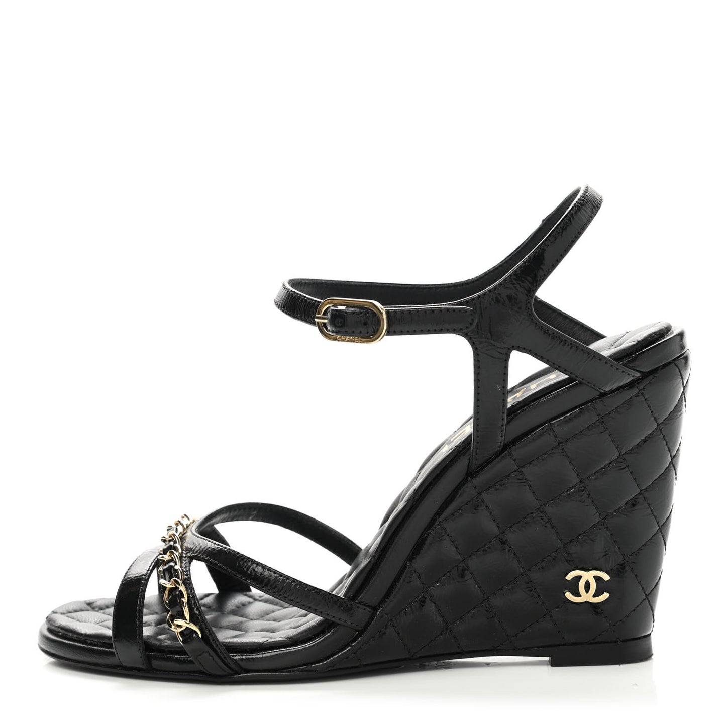 Lambskin Quilted Wedge Sandals 37.5 Black