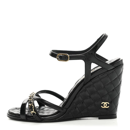 Chanel Lambskin Quilted Wedge Sandals 37.5 Black 2 of 9