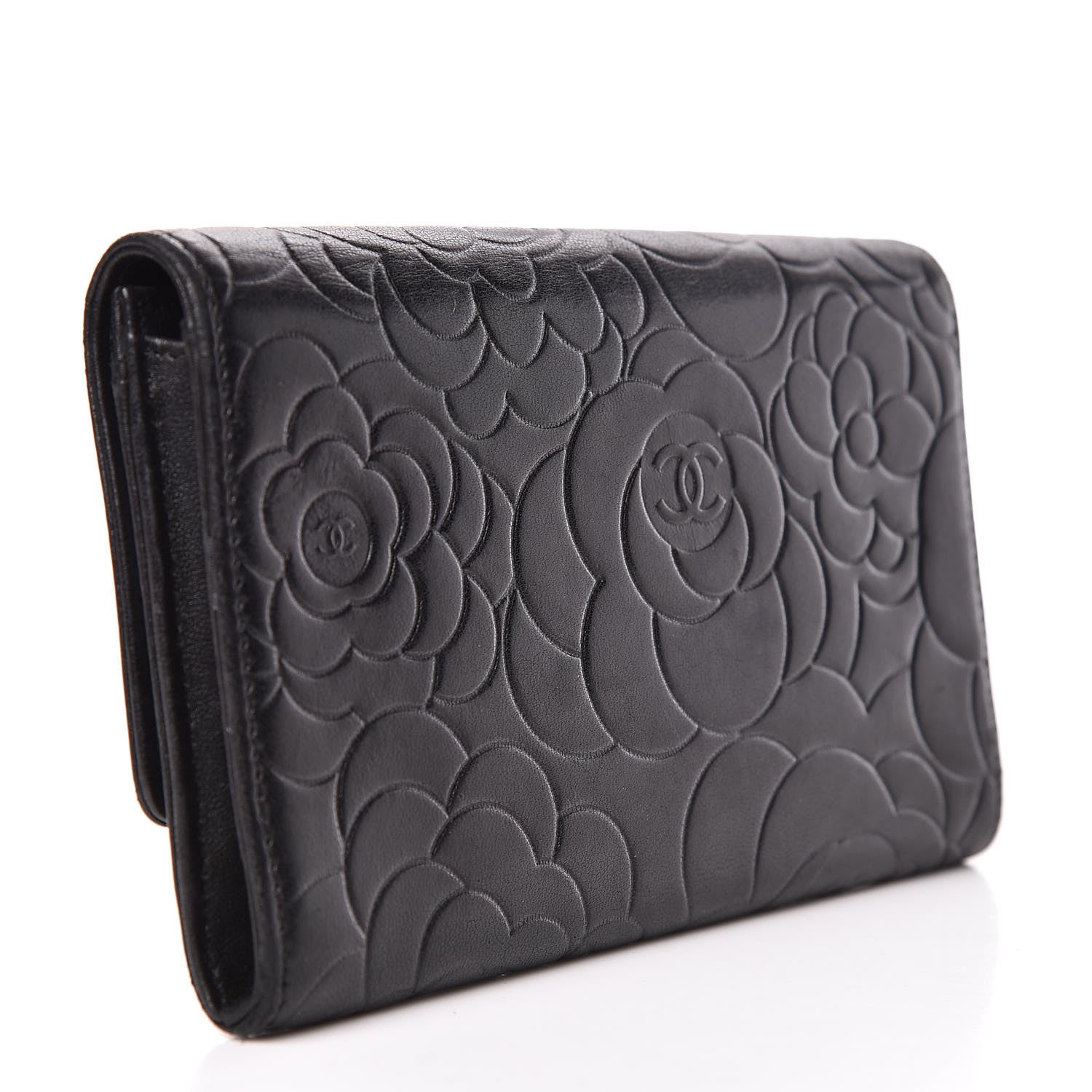 Chanel Lambskin Camellia Embossed Medium Wallet Black 3 of 8
