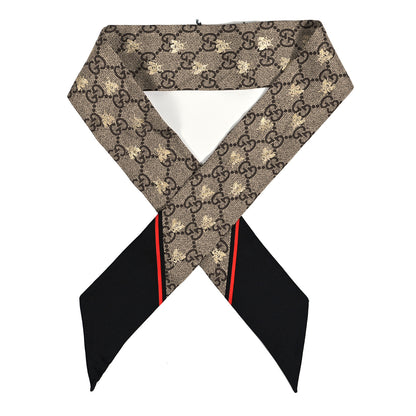 Gucci Silk Twill GG Monogram GG Bee Neck Bow Scarf Black Red 1 of 3