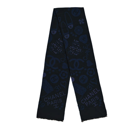 Chanel Metallic Wool Silk Paris Logo Scarf Black Navy 3 of 3
