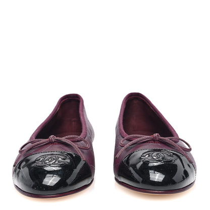 Chanel Printed Lambskin Patent CC Cap Toe Ballerina Flats 36 Burgundy Black 2 of 9