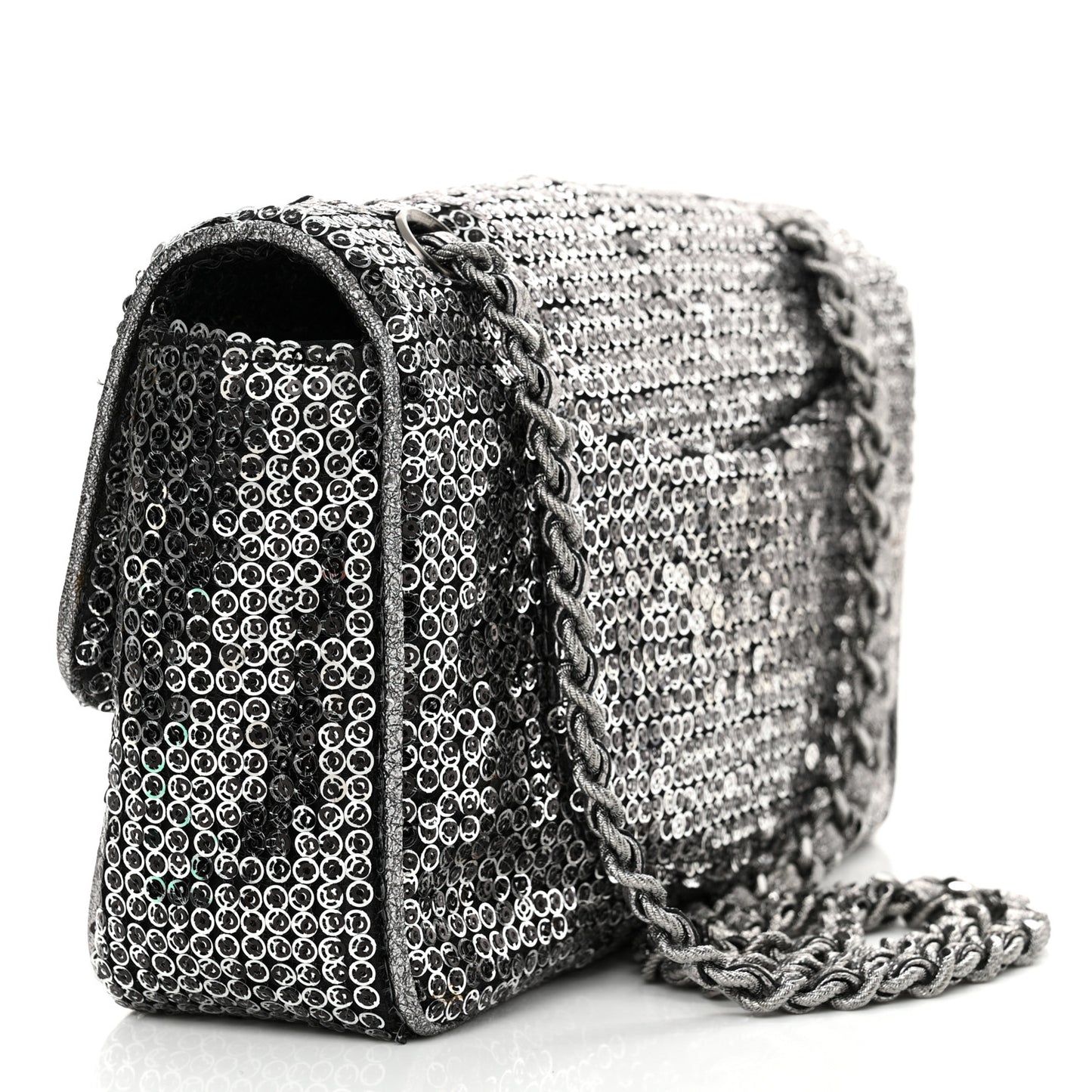 Sequin Medium Single Flap Dark Silver