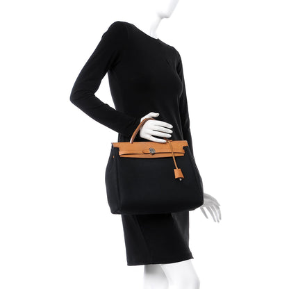 Hermes Toile Vache Calfskin Herbag 30 PM Black Natural 2 of 13