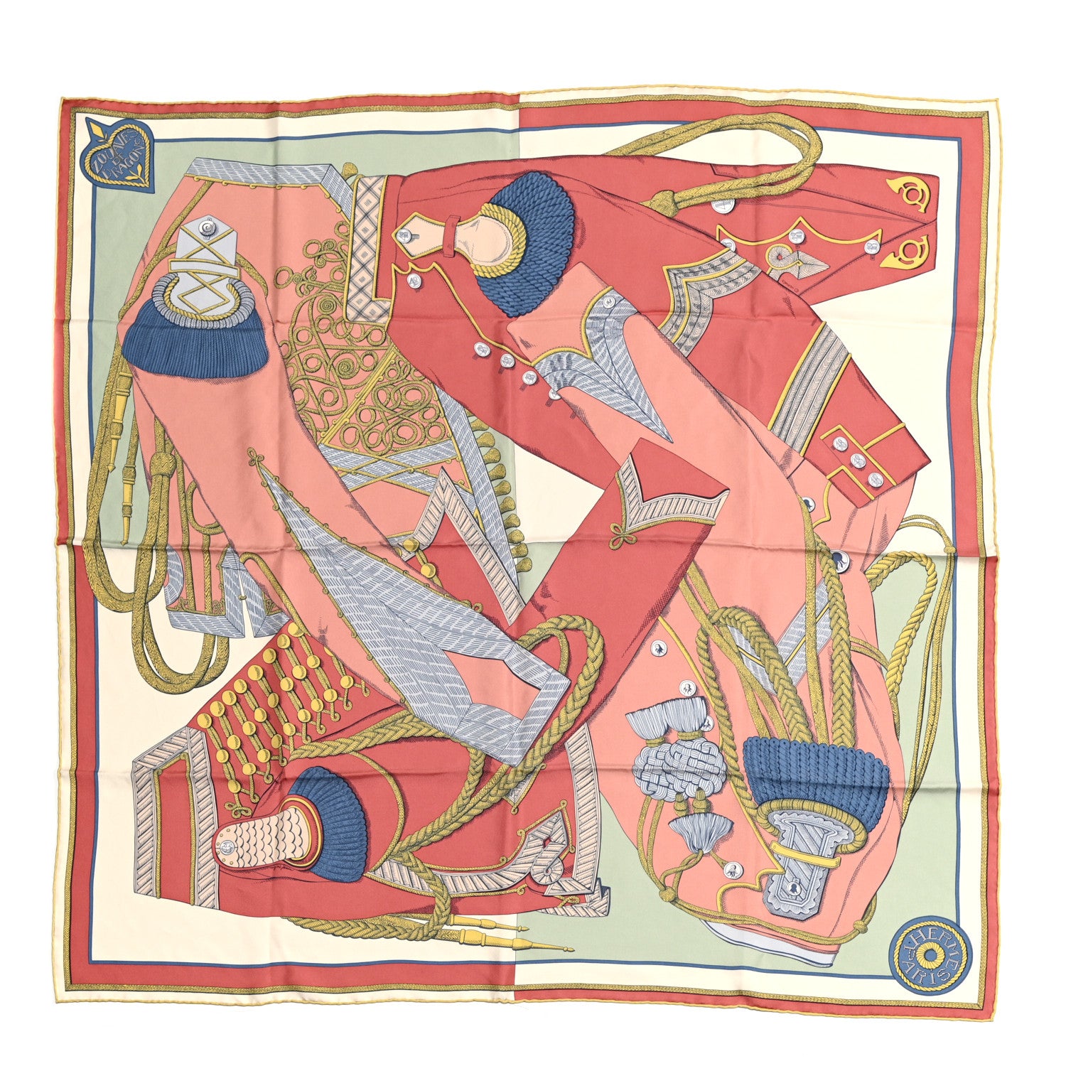 Hermes Washed Silk Zouaves Et Dragons Scarf 90 Vieux Rose Vert Bleu 1 of 6