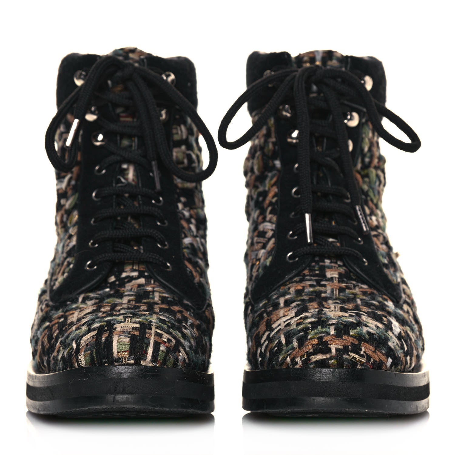 Chanel Tweed Lace Up Short Boots 38.5 Green Brown Black 2 of 7