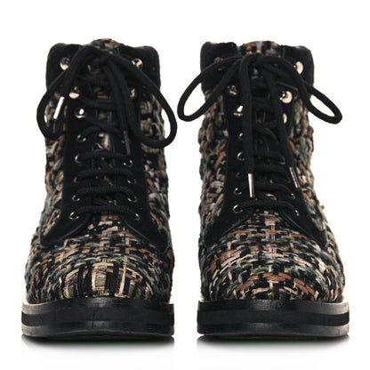 Chanel Tweed Lace Up Short Boots 38.5 Green Brown Black 2 of 7