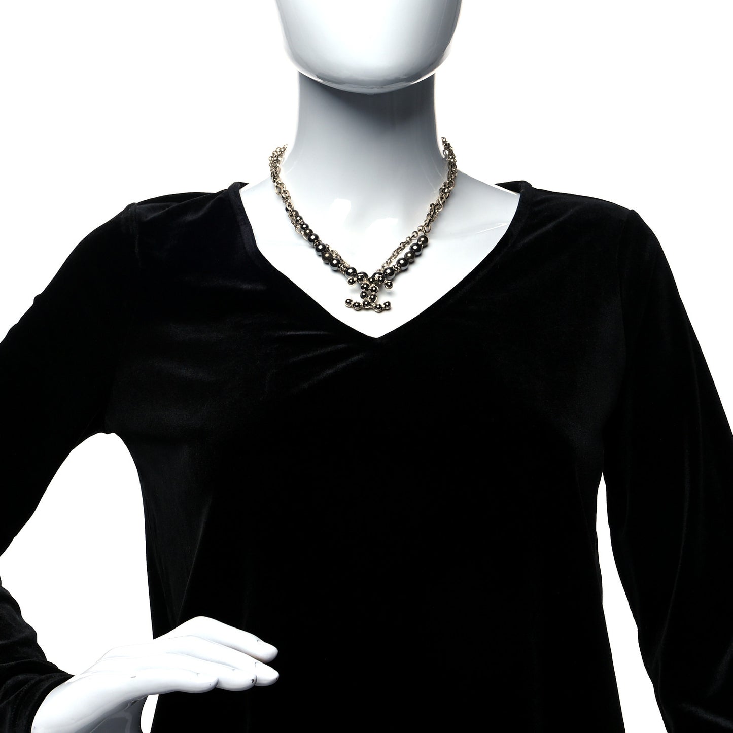 Crystal Pearl Nefertiti CC Double Chain Pendant Necklace Gold Dark Grey