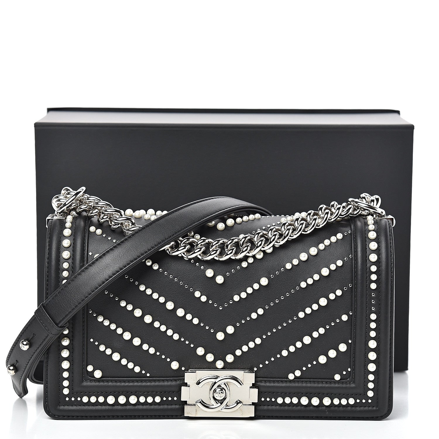 Chanel Calfskin Pearl Chevron Medium Boy Flap Black 13 of 13