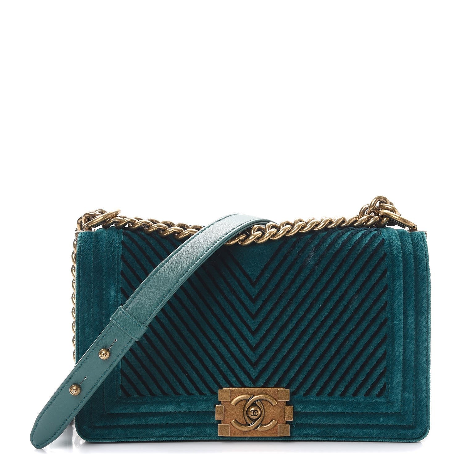 Chanel Velvet Chevron Quilted Medium Boy Flap Peacock Blue 1 of 14