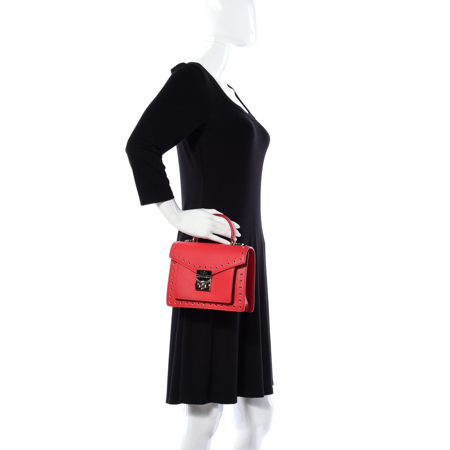 MCM Calfskin Studded Small Patricia Satchel Chinese Red 3 of 11