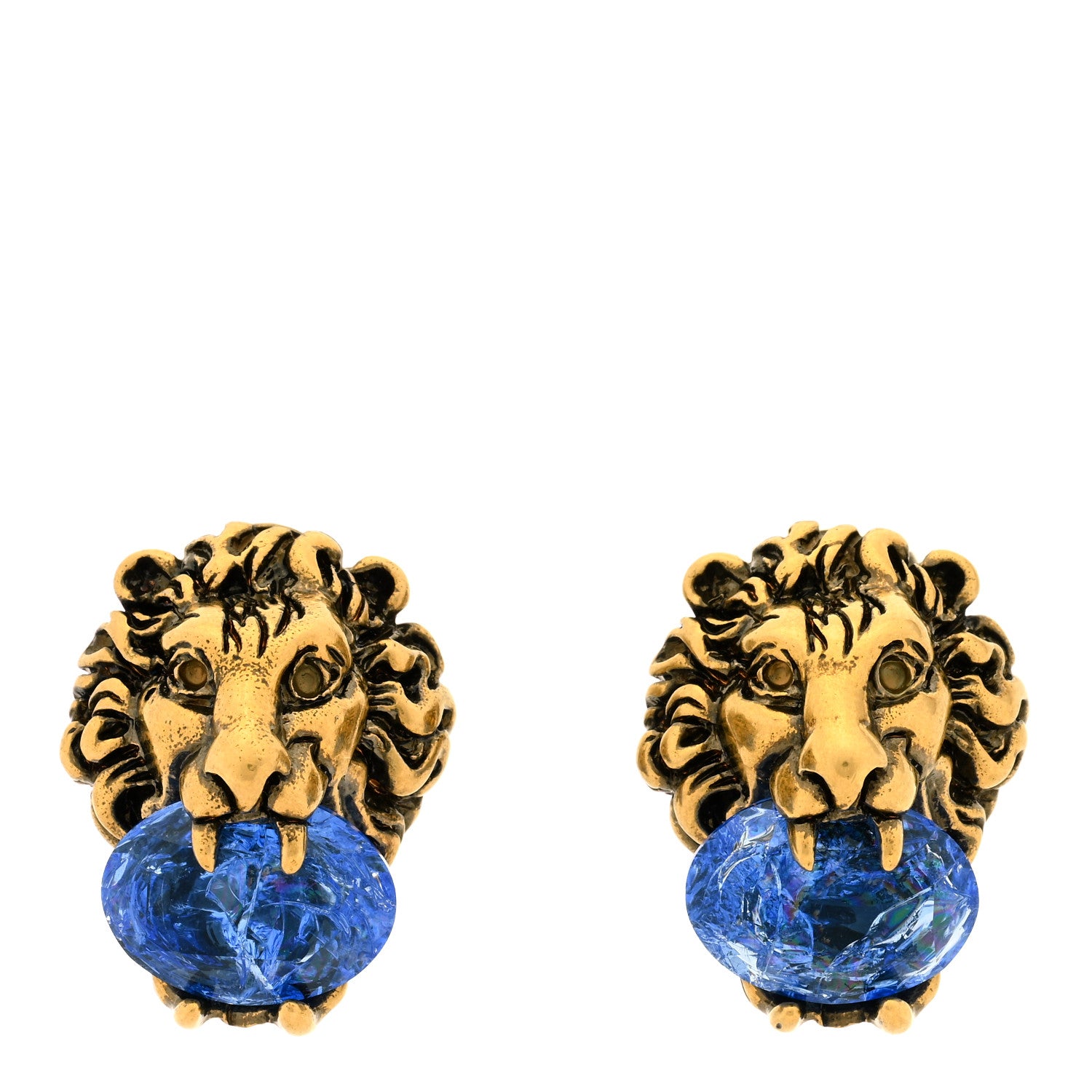 Gucci Metal Crystal Lion Clip On Earrings Aged Gold Blue 1 of 5
