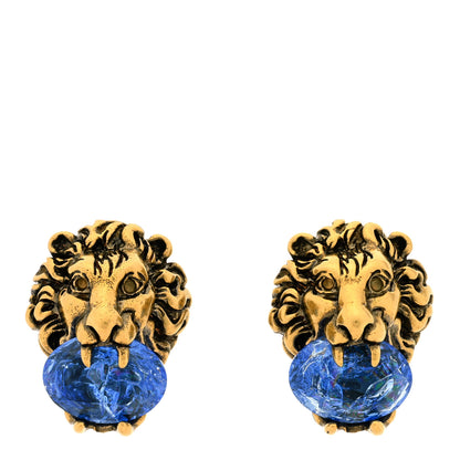 Gucci Metal Crystal Lion Clip On Earrings Aged Gold Blue 1 of 5