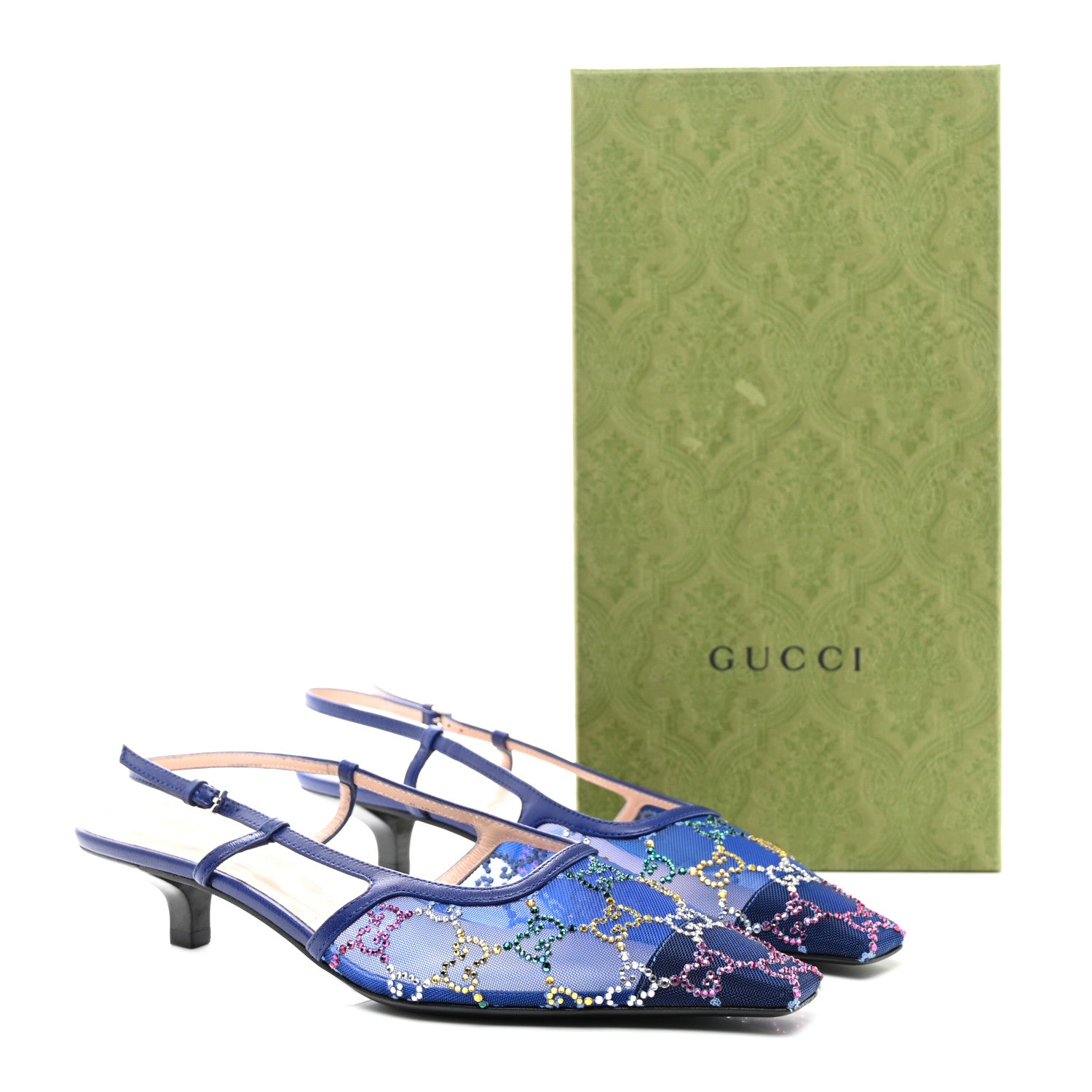 Gucci Tela Retino Nappa Charlotte Crystal GG Monogram Square G 35mm Slingback Pumps 37.5 Splash Net Blue Witch 8 of 8