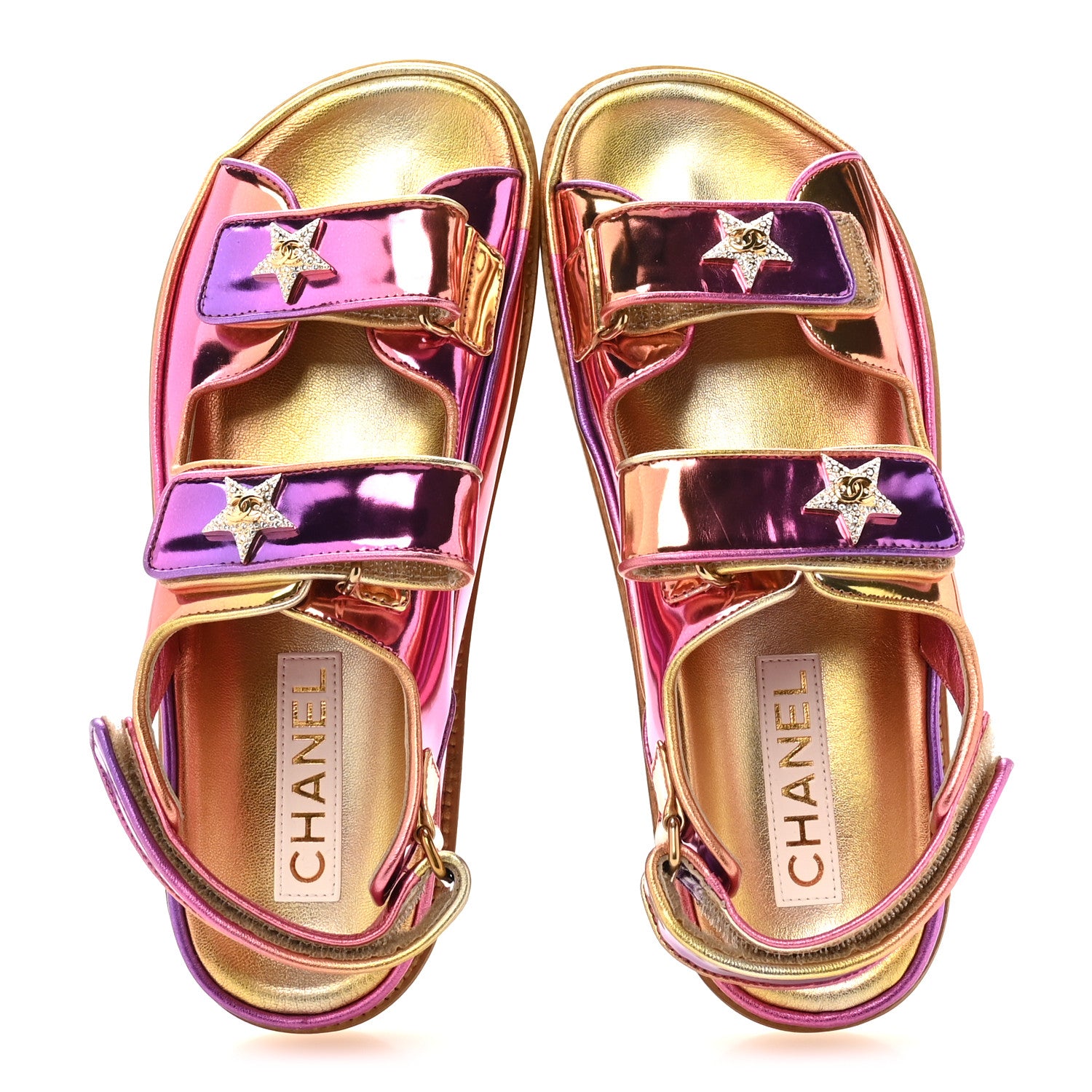 Chanel Metallic Laminated Calfskin Crystal Star CC Velcro Dad Sandals 37.5 Pink Orange Yellow 2 of 8