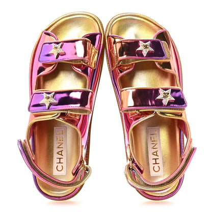 Chanel Metallic Laminated Calfskin Crystal Star CC Velcro Dad Sandals 37.5 Pink Orange Yellow 2 of 8
