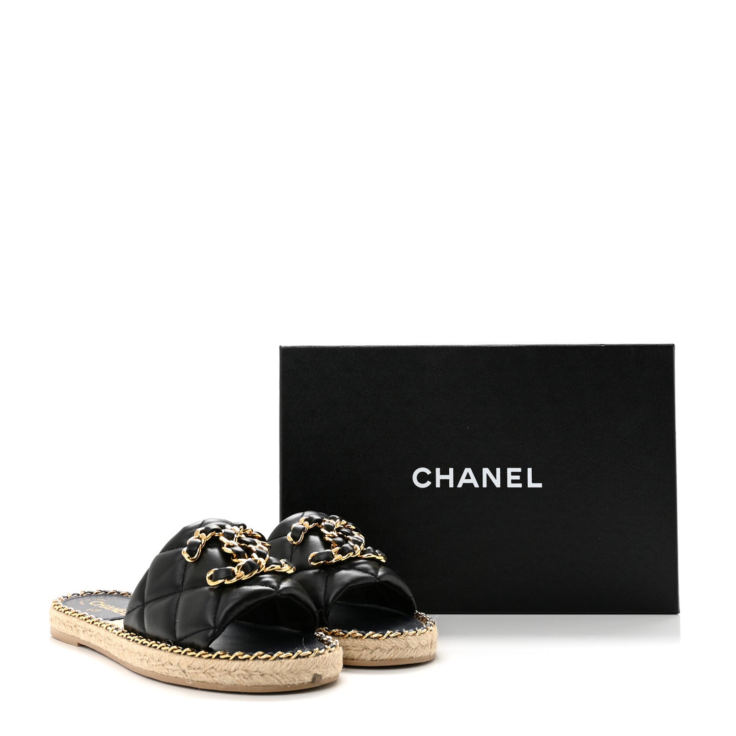 Lambskin Quilted CC Chain Espadrille Mules 38 Black Navy